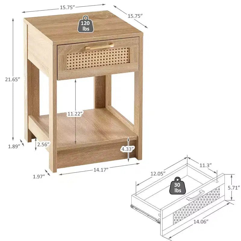 MAYEERTY Table d'appoint en rotin avec tiroir, Table de chevet moderne, Table d'appoint pour salon, chambre à coucher, Naturel