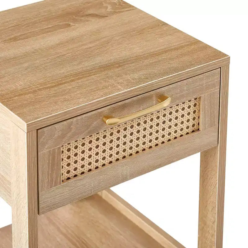 MAYEERTY Table d'appoint en rotin avec tiroir, Table de chevet moderne, Table d'appoint pour salon, chambre à coucher, Naturel
