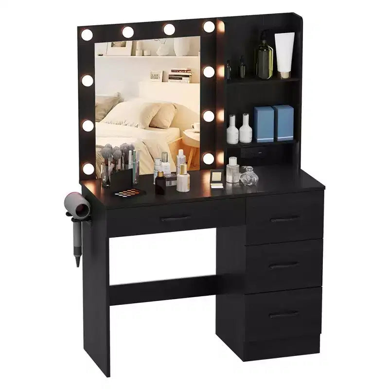 Coiffeuse Costway avec miroir et lumières, station de charge, lumières LED 3 couleurs Blanc/Noir