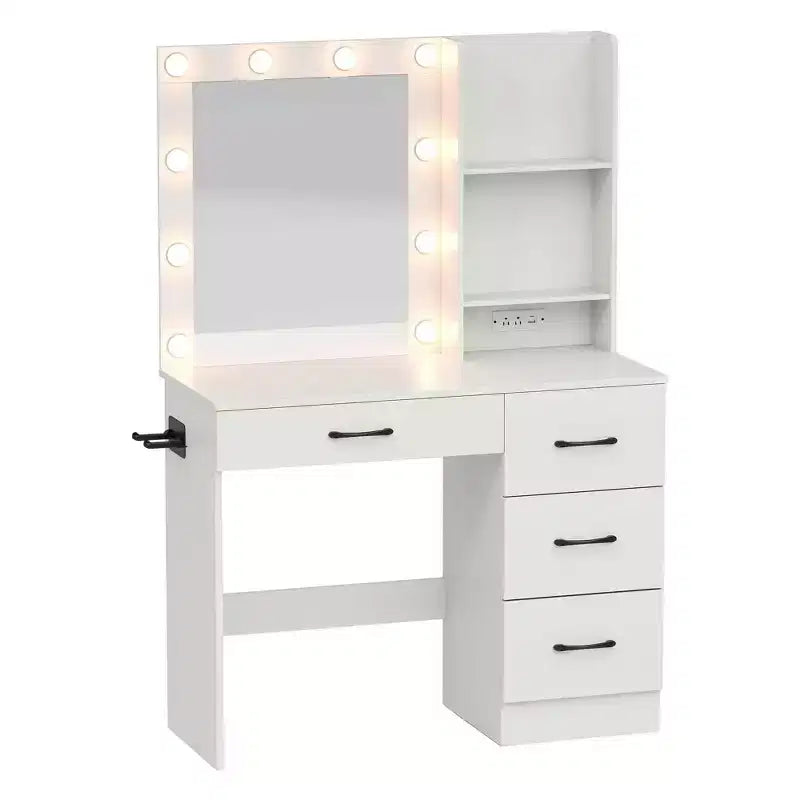 Coiffeuse Costway avec miroir et lumières, station de charge, lumières LED 3 couleurs Blanc/Noir