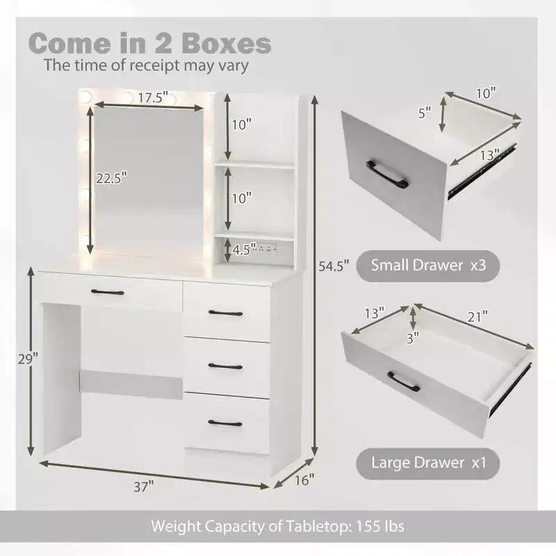 Coiffeuse Costway avec miroir et lumières, station de charge, lumières LED 3 couleurs Blanc/Noir