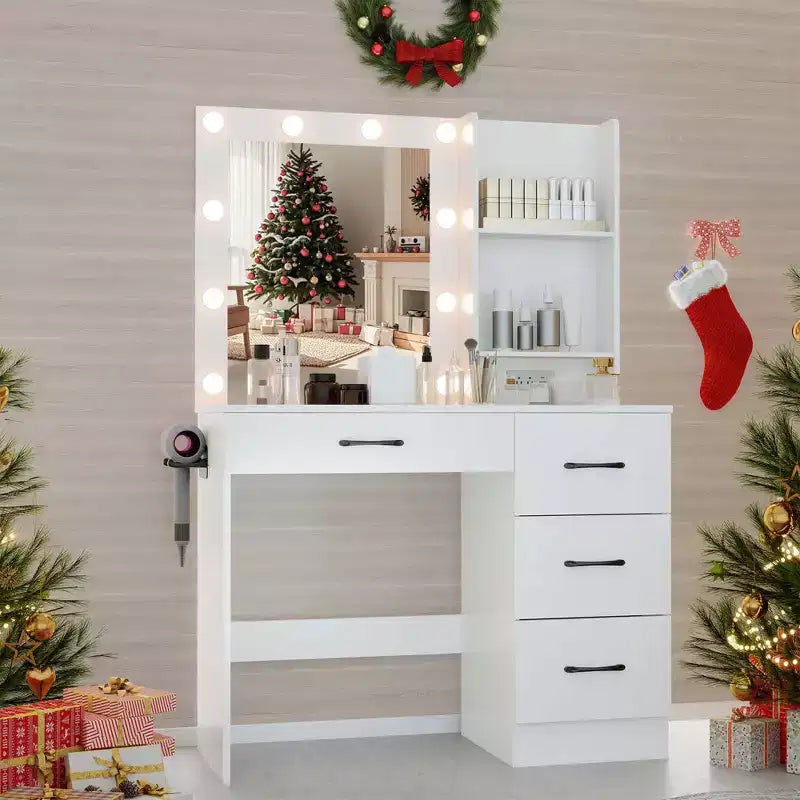 Coiffeuse Costway avec miroir et lumières, station de charge, lumières LED 3 couleurs Blanc/Noir
