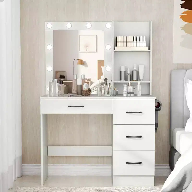 Coiffeuse Costway avec miroir et lumières, station de charge, lumières LED 3 couleurs Blanc/Noir