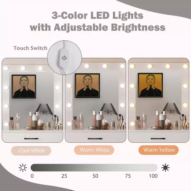 Coiffeuse Costway avec miroir et lumières, station de charge, lumières LED 3 couleurs Blanc/Noir