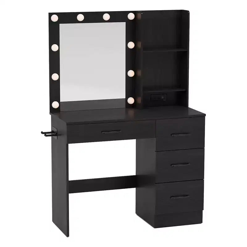 Coiffeuse Costway avec miroir et lumières, station de charge, lumières LED 3 couleurs Blanc/Noir