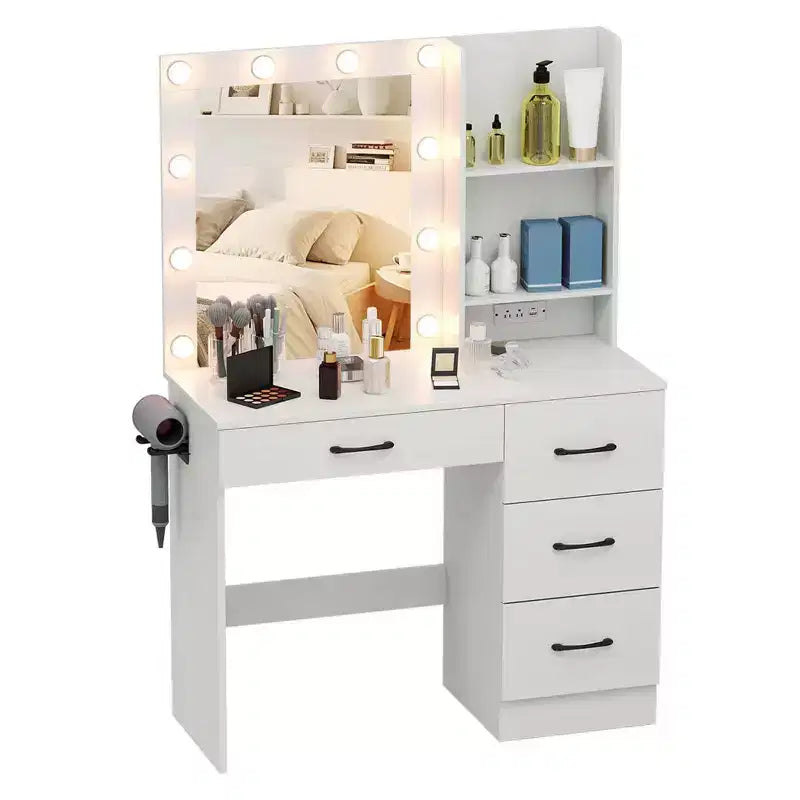Coiffeuse Costway avec miroir et lumières, station de charge, lumières LED 3 couleurs Blanc/Noir