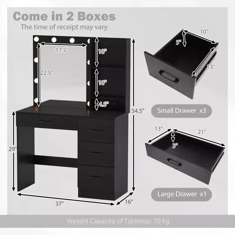 Coiffeuse Costway avec miroir et lumières, station de charge, lumières LED 3 couleurs Blanc/Noir