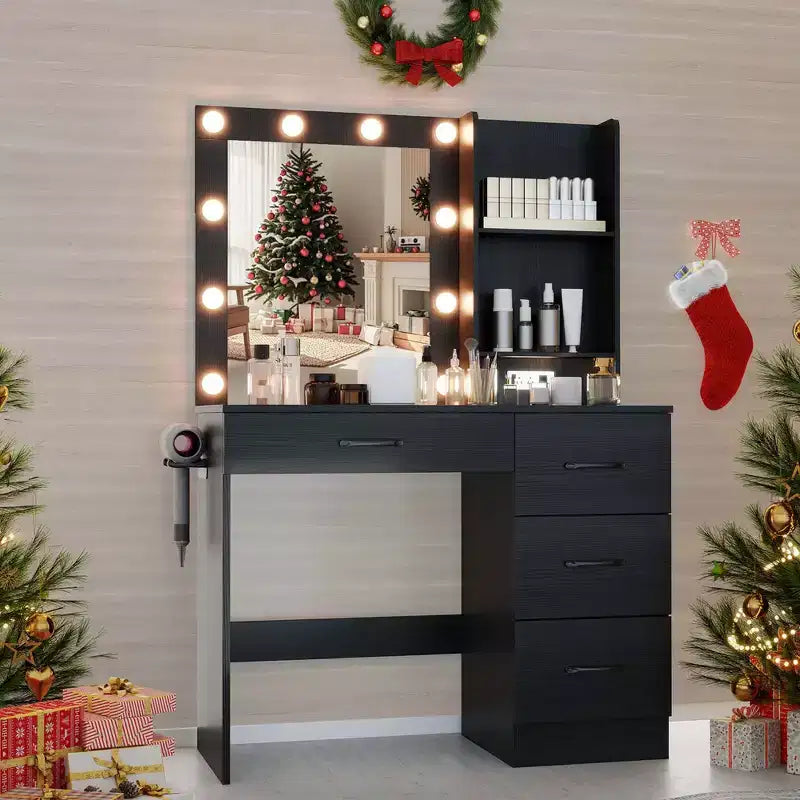 Coiffeuse Costway avec miroir et lumières, station de charge, lumières LED 3 couleurs Blanc/Noir