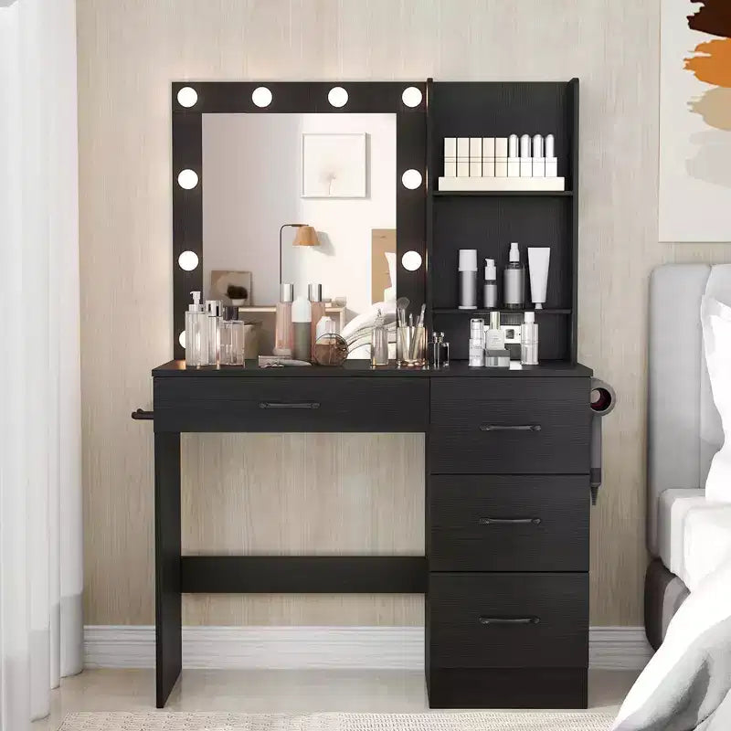 Coiffeuse Costway avec miroir et lumières, station de charge, lumières LED 3 couleurs Blanc/Noir
