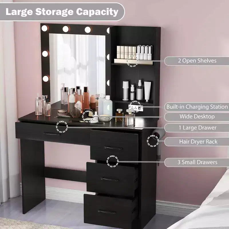 Coiffeuse Costway avec miroir et lumières, station de charge, lumières LED 3 couleurs Blanc/Noir