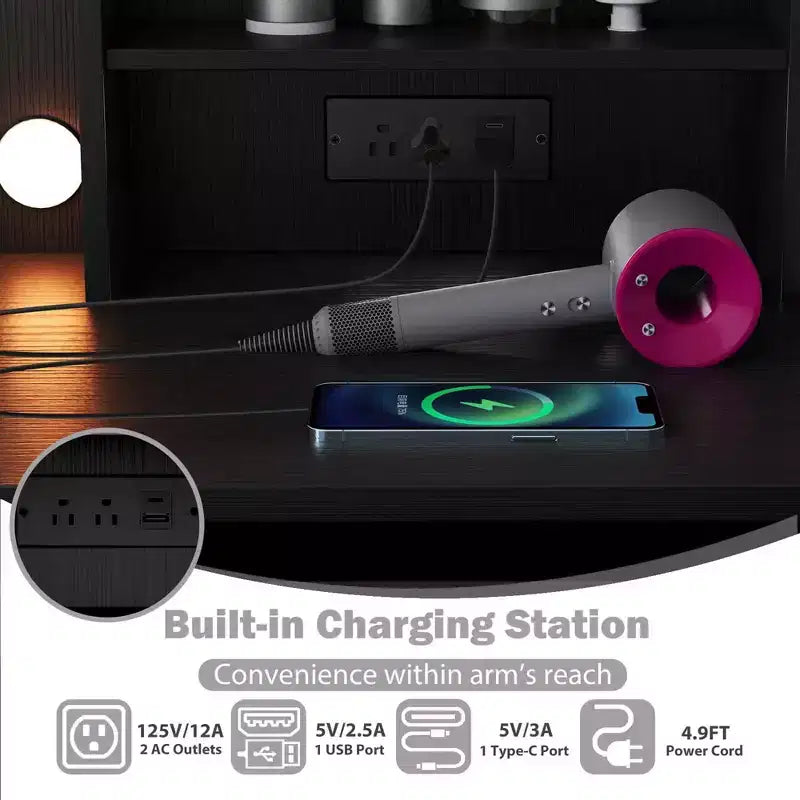 Coiffeuse Costway avec miroir et lumières, station de charge, lumières LED 3 couleurs Blanc/Noir
