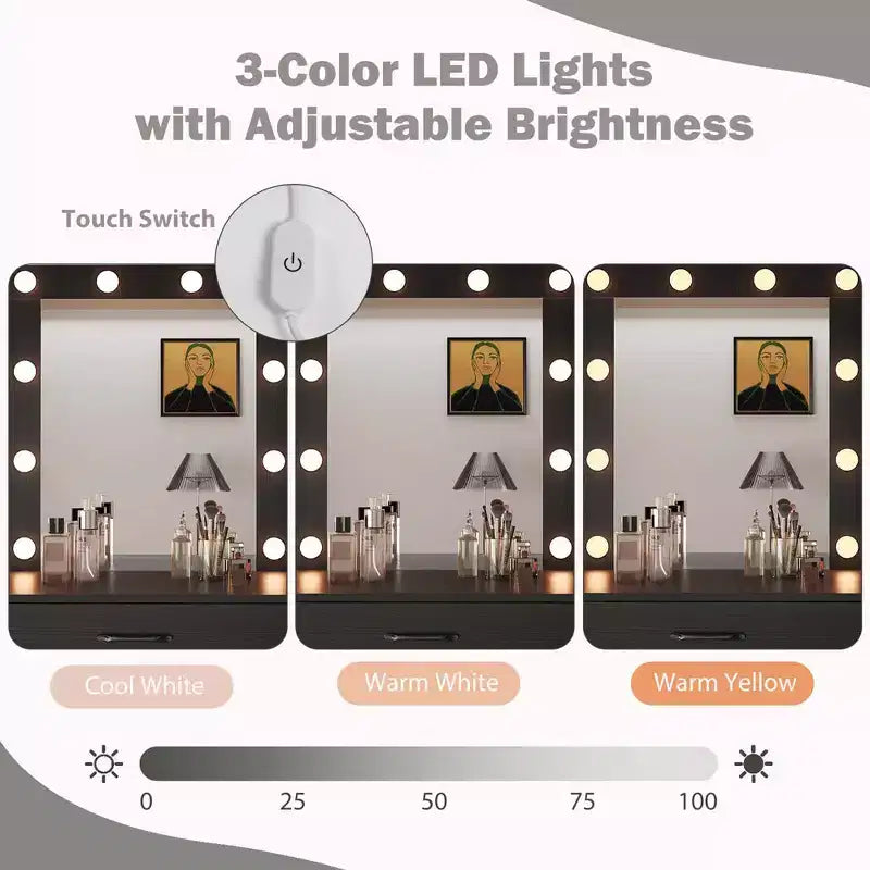 Coiffeuse Costway avec miroir et lumières, station de charge, lumières LED 3 couleurs Blanc/Noir