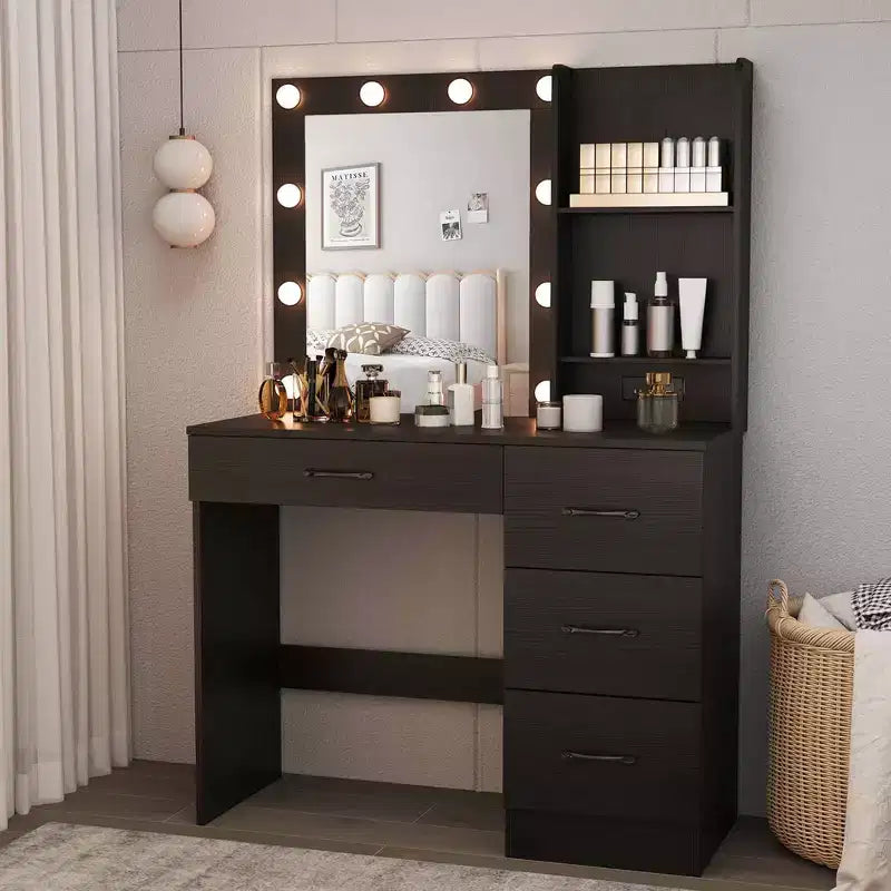 Costway Makeup Vanity Desk with Mirror and Lights Charging Station 3-Color LED Lights White/Black