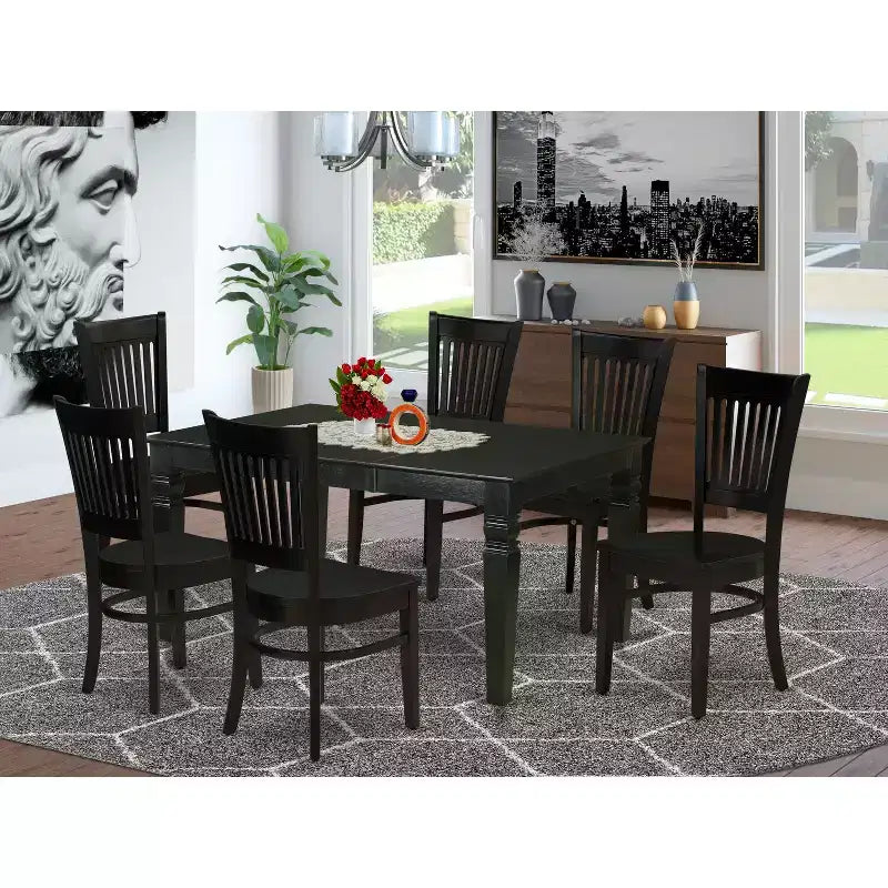 HomeStock WEVA7 Black 7 Piece Rectangle Dining Room Table Set with 6 Chairs