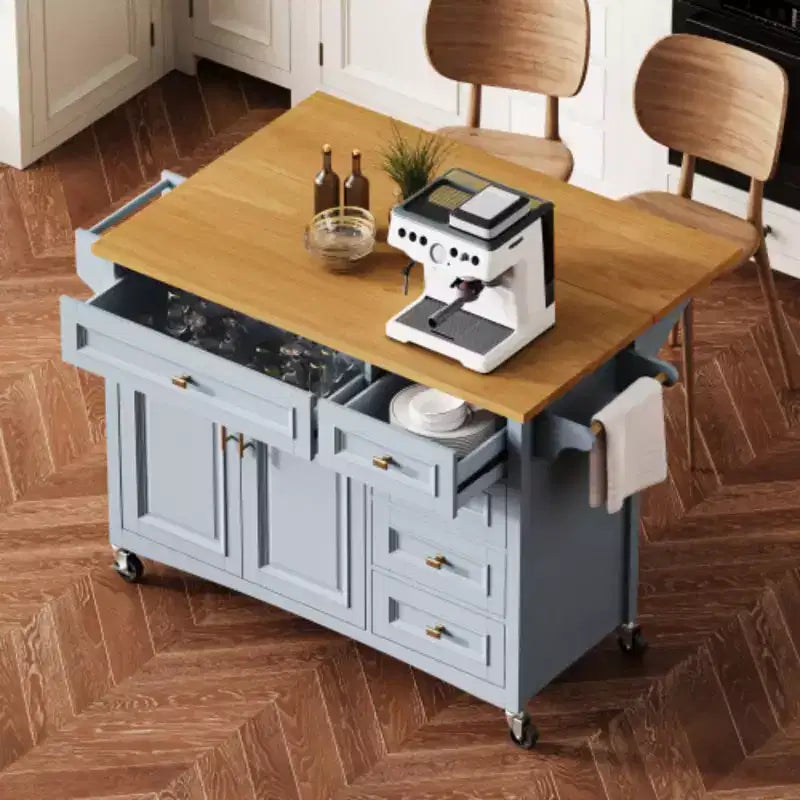 52 Îlot de cuisine texturé en relief bleu avec rabat, chariot de rangement de cuisine avec étagère réglable pour cuisine salle à manger