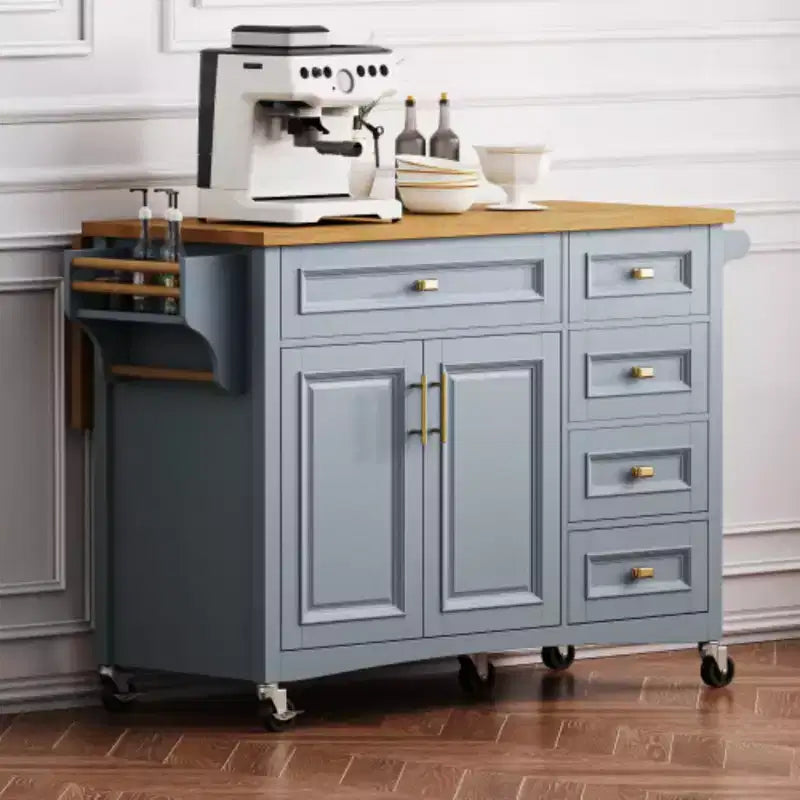 52 Blue Embossed Texture Kitchen Island with Drop Leaf, Kitchen Storage Cart with Adjustable Shelf for Kitchen Dining Room