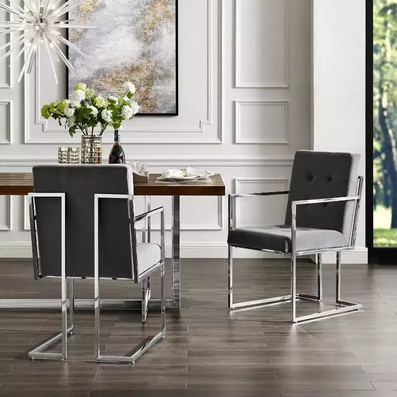 Chaises de salle à manger capitonnées Vanderbilt de la marque Inspired Home avec cadre en acier inoxydable (lot de 2)
