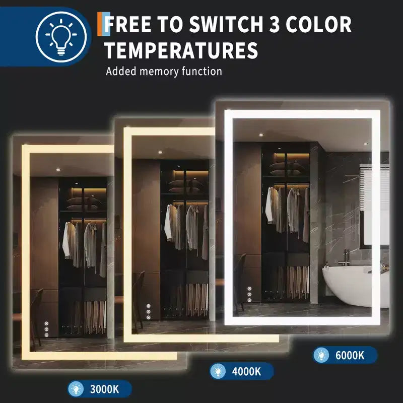Miroir de salle de bain LED avec éclairage avant et arrière - Miroir de vanité à intensité variable, 3 options de couleur, anti-buée, étanche IP54, montage horizontal/vertical