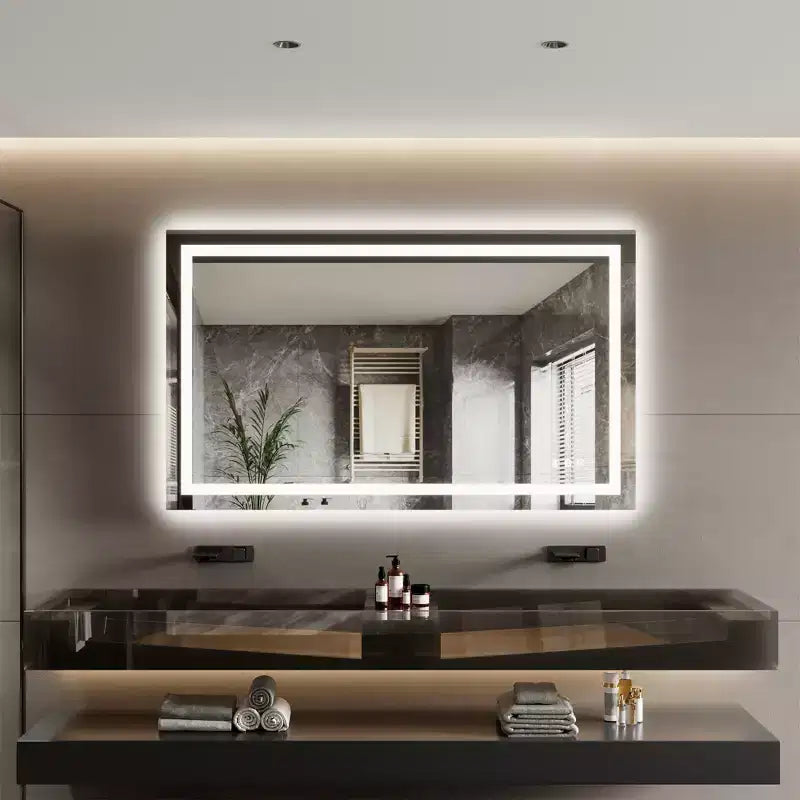 Miroir de salle de bain LED avec éclairage avant et arrière - Miroir de vanité à intensité variable, 3 options de couleur, anti-buée, étanche IP54, montage horizontal/vertical