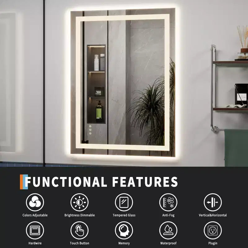 Miroir de salle de bain LED avec éclairage avant et arrière - Miroir de vanité à intensité variable, 3 options de couleur, anti-buée, étanche IP54, montage horizontal/vertical