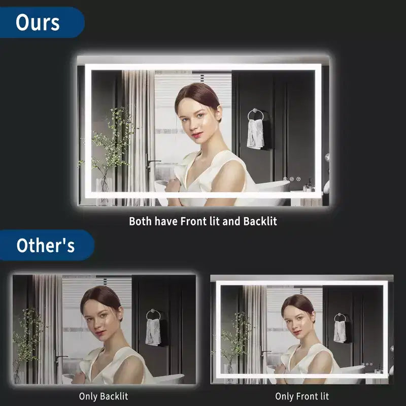 Miroir de salle de bain LED avec éclairage avant et arrière - Miroir de vanité à intensité variable, 3 options de couleur, anti-buée, étanche IP54, montage horizontal/vertical