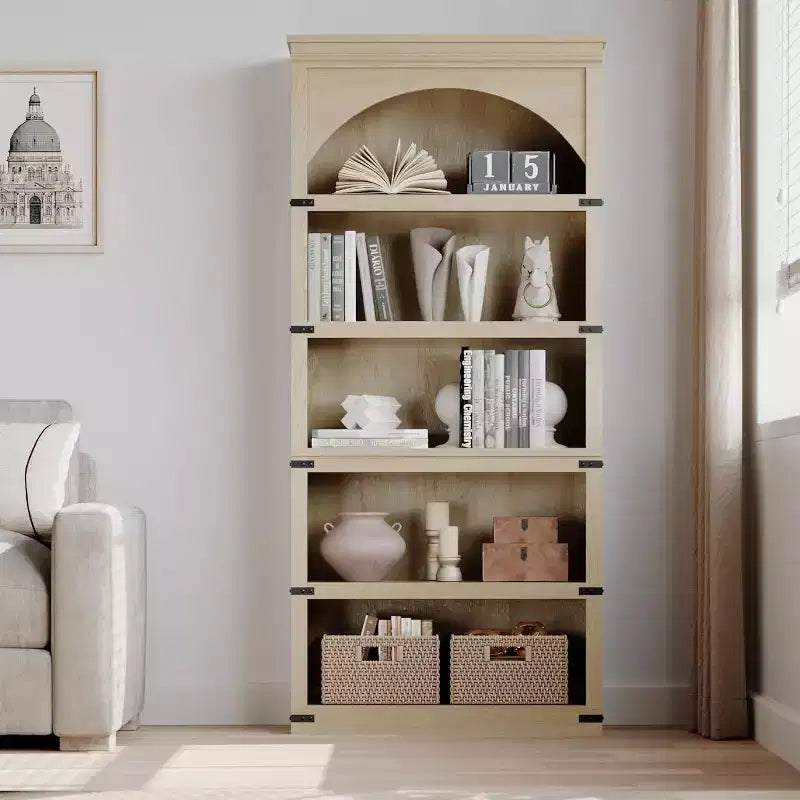 Arched Bookcase 5 Shelf Bookshelf 68.7 Tall Bookcase Farmhouse Curved Storage Rack Wooden Bookshelves for Home Office Natural