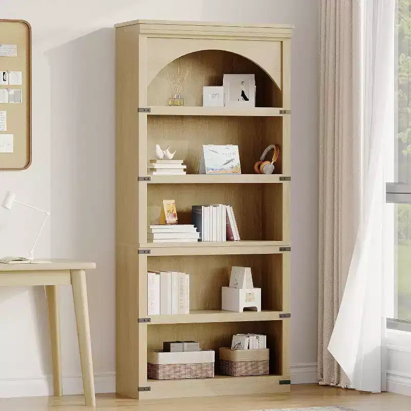 Bibliothèque arquée à 5 étagères de 174,5 cm de hauteur, style ferme, étagère de rangement incurvée, étagères en bois pour bureau à domicile, couleur naturelle