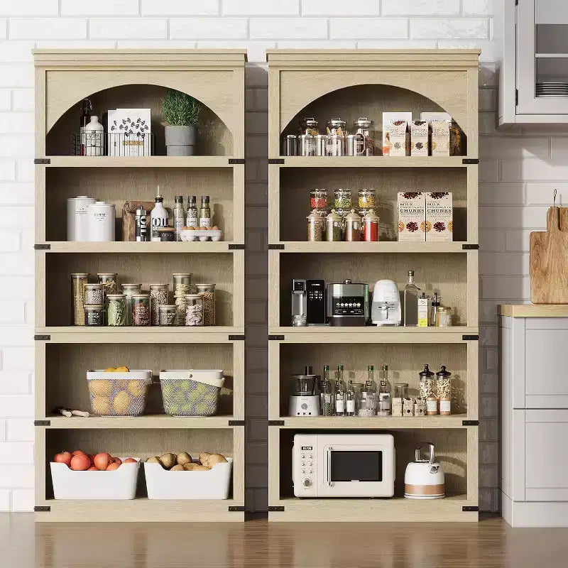 Bibliothèque arquée à 5 étagères de 174,5 cm de hauteur, style ferme, étagère de rangement incurvée, étagères en bois pour bureau à domicile, couleur naturelle