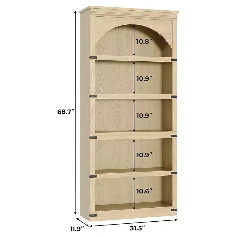 Bibliothèque arquée à 5 étagères de 174,5 cm de hauteur, style ferme, étagère de rangement incurvée, étagères en bois pour bureau à domicile, couleur naturelle