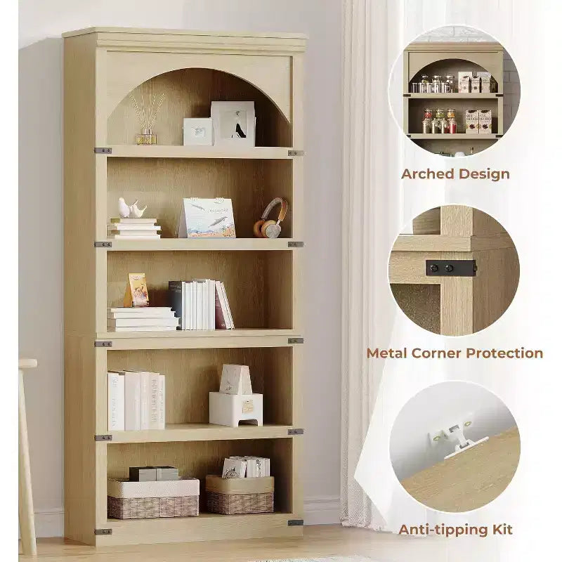Bibliothèque arquée à 5 étagères de 174,5 cm de hauteur, style ferme, étagère de rangement incurvée, étagères en bois pour bureau à domicile, couleur naturelle
