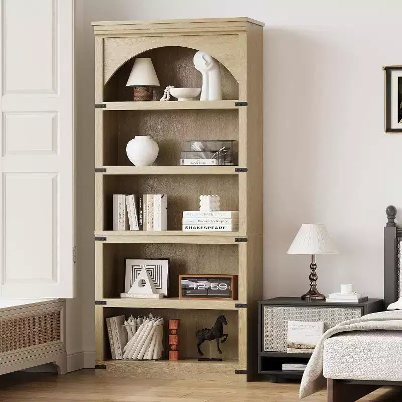 Bibliothèque arquée à 5 étagères de 174,5 cm de hauteur, style ferme, étagère de rangement incurvée, étagères en bois pour bureau à domicile, couleur naturelle