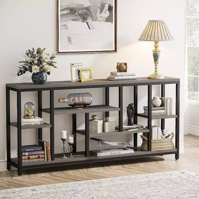 Lantine Table console extra longue de 179,98 cm derrière le canapé avec étagères de rangement, Table d'appoint étroite moderne à 6 niveaux pour entrée et couloir