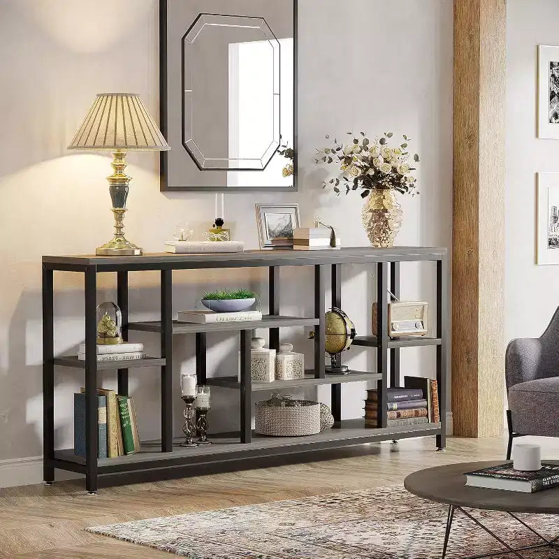 Lantine Table console extra longue de 179,98 cm derrière le canapé avec étagères de rangement, Table d'appoint étroite moderne à 6 niveaux pour entrée et couloir