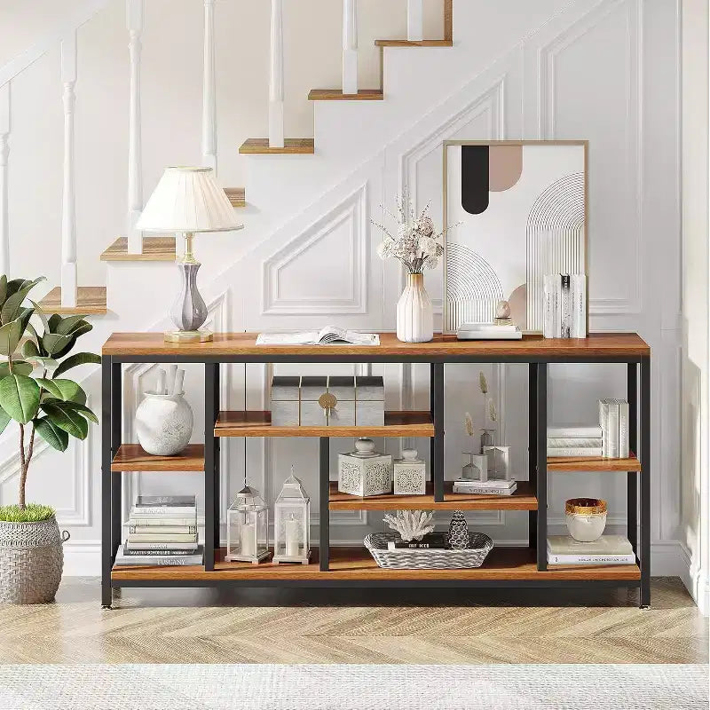 Lantine Table console extra longue de 179,98 cm derrière le canapé avec étagères de rangement, Table d'appoint étroite moderne à 6 niveaux pour entrée et couloir