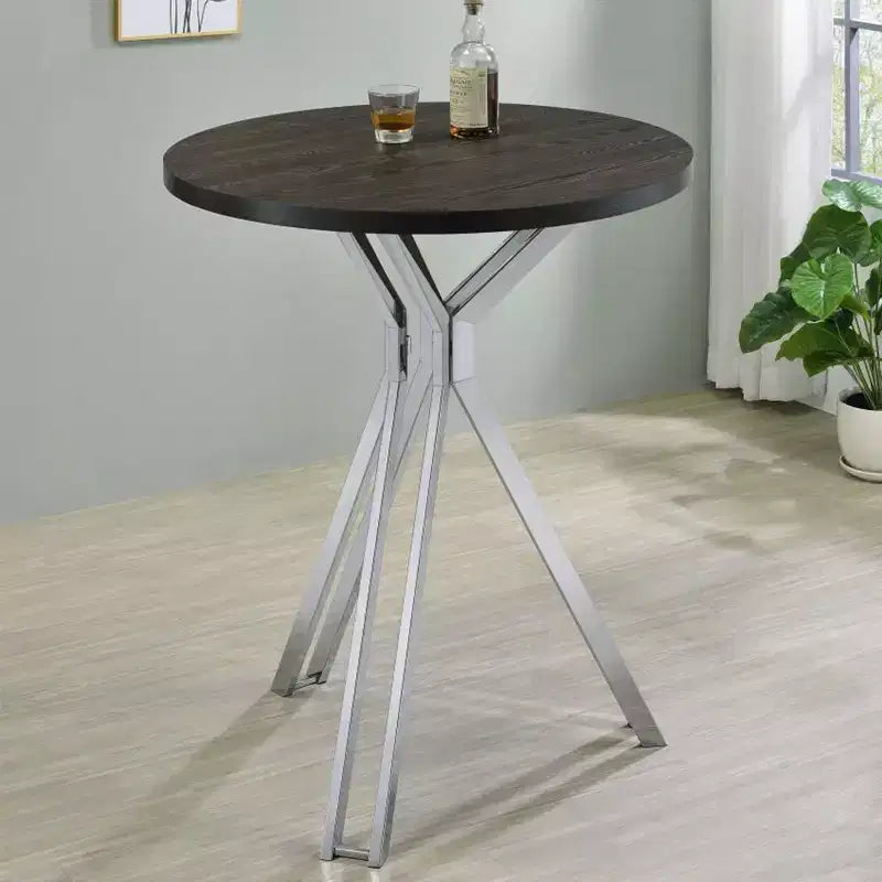 Table de bar Simple Relax en bois et métal avec plateau rond en chêne foncé et chrome
