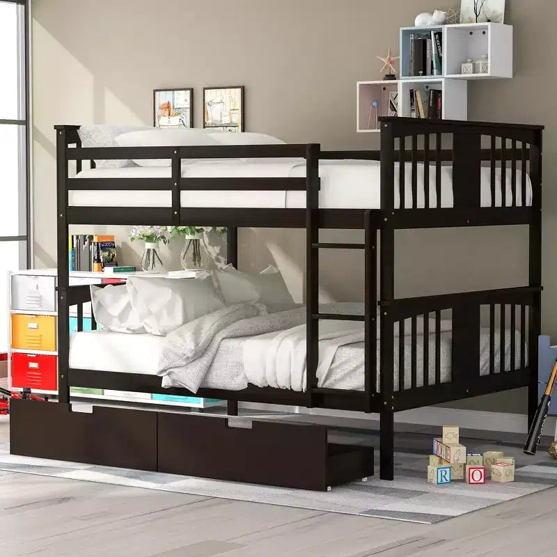 Full Over Full Bunk Bed with Storage Drawers and Ladder, Convertible Wooden Bunk Bed for Kids, Teens and Adults, White/Gray/Espresso - ModernLuxe