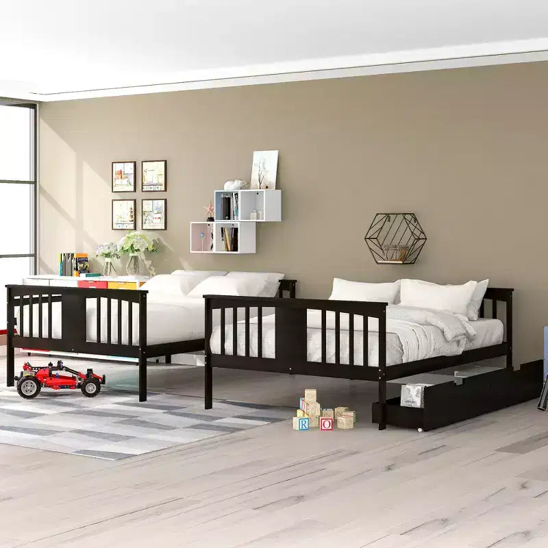 Lit superposé double sur double avec tiroirs de rangement et échelle, lit superposé convertible en bois pour enfants, adolescents et adultes, blanc/gris/espresso - ModernLuxe