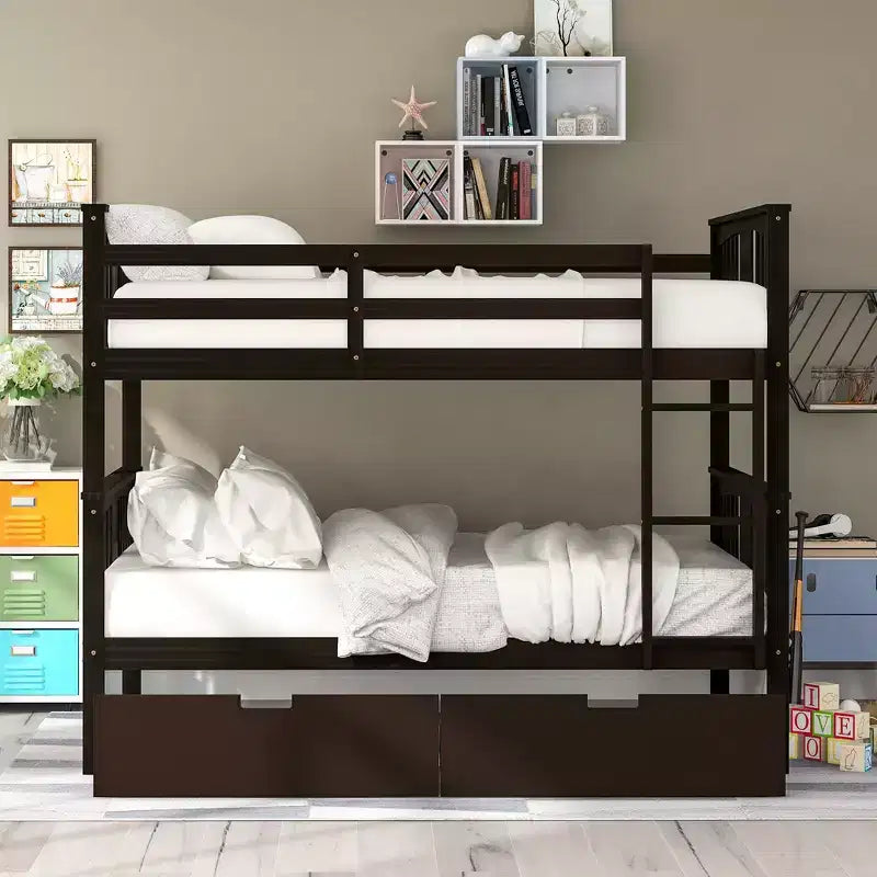 Lit superposé double sur double avec tiroirs de rangement et échelle, lit superposé convertible en bois pour enfants, adolescents et adultes, blanc/gris/espresso - ModernLuxe