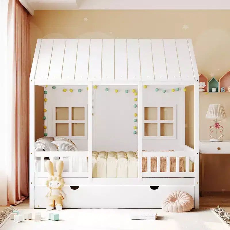 Whisen Full Size Wood House Bed With Twin Size Trundle, Wooden Daybed