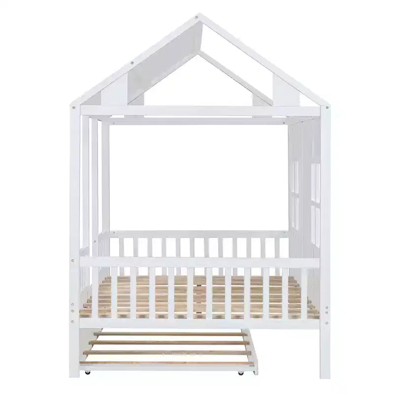 Lit cabane en bois pleine grandeur Whisen avec lit gigogne double, lit de repos en bois