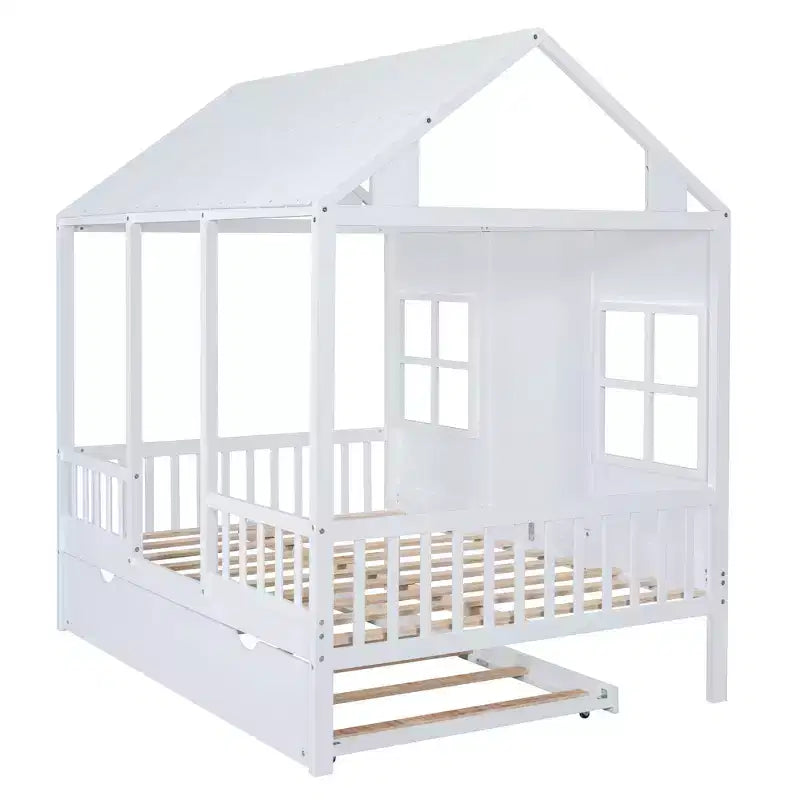 Lit cabane en bois pleine grandeur Whisen avec lit gigogne double, lit de repos en bois