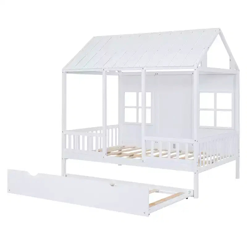 Lit cabane en bois pleine grandeur Whisen avec lit gigogne double, lit de repos en bois