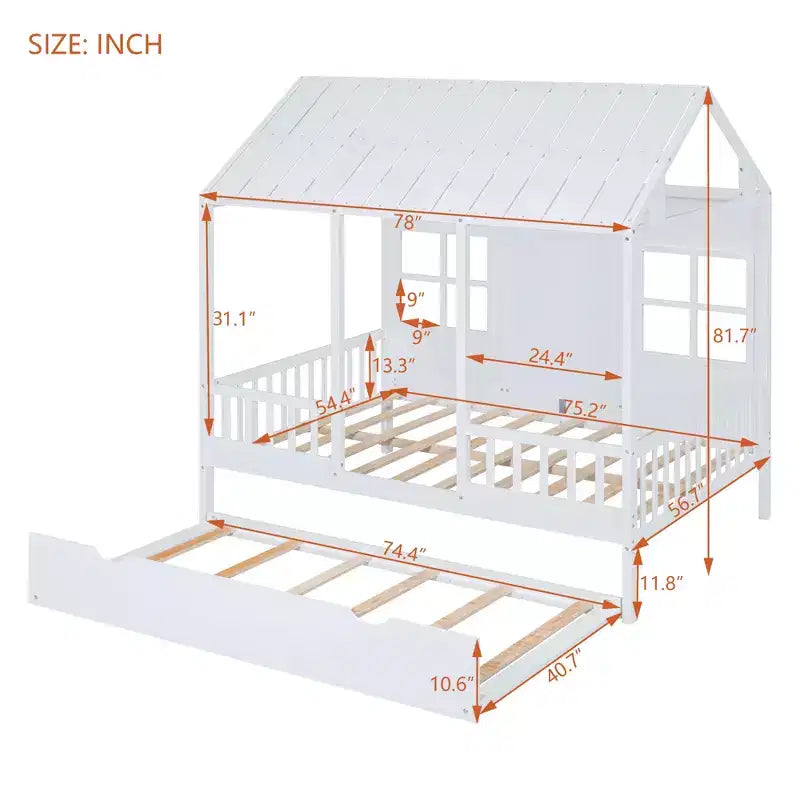 Lit cabane en bois pleine grandeur Whisen avec lit gigogne double, lit de repos en bois