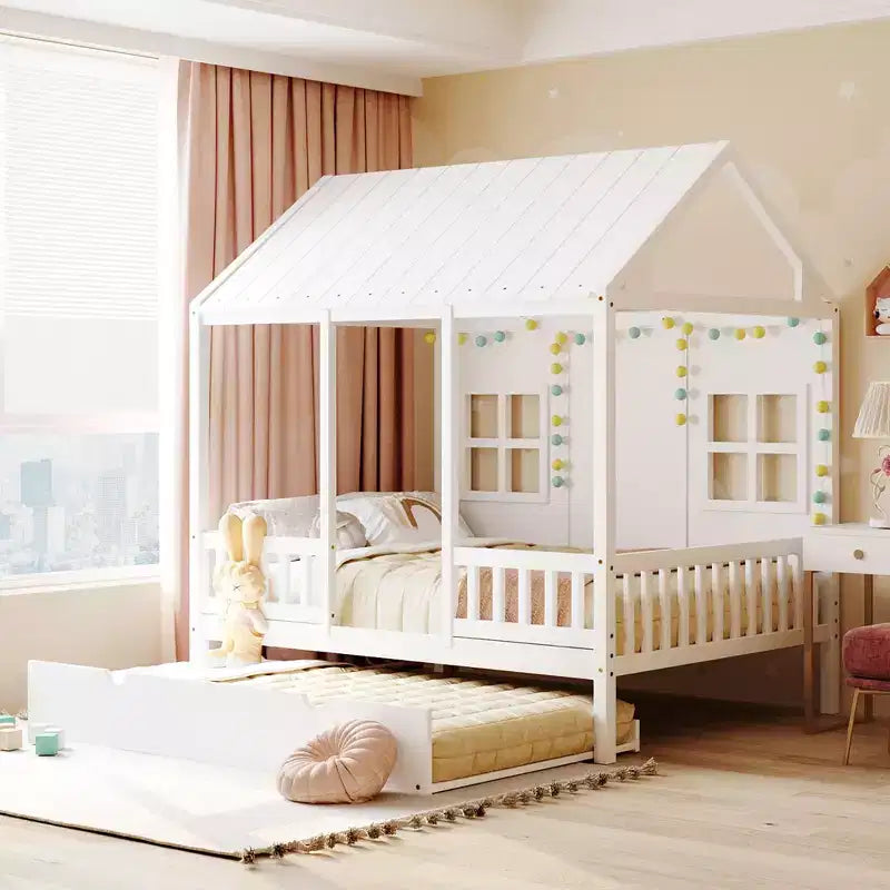 Lit cabane en bois pleine grandeur Whisen avec lit gigogne double, lit de repos en bois