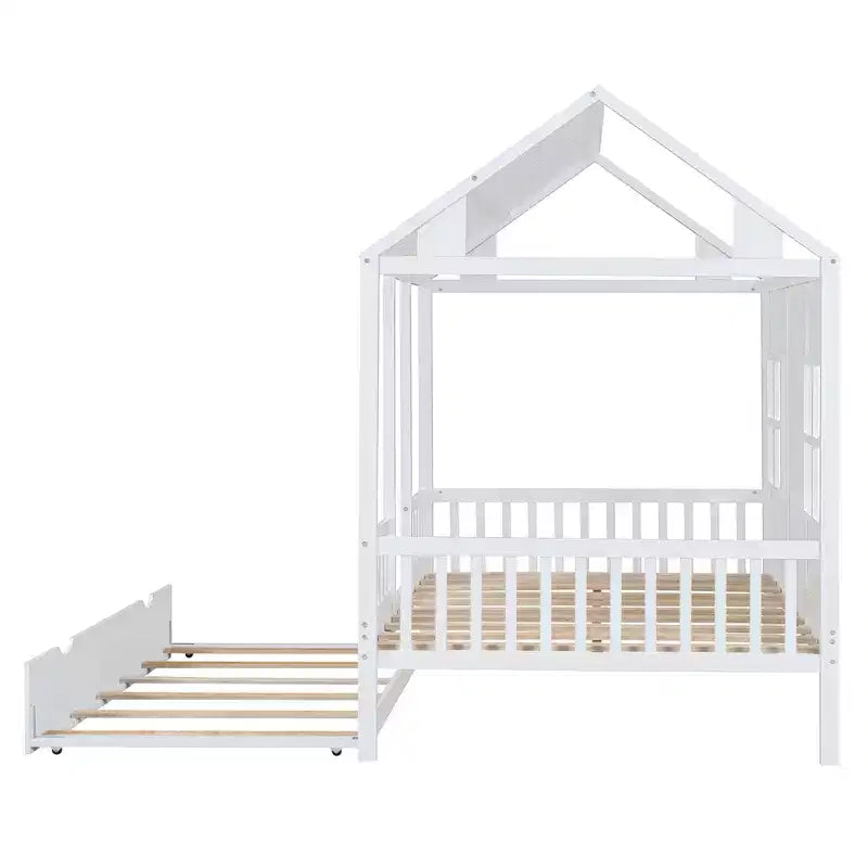 Lit cabane en bois pleine grandeur Whisen avec lit gigogne double, lit de repos en bois