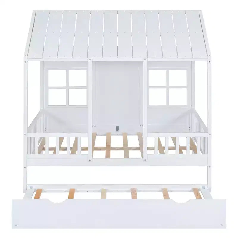 Lit cabane en bois pleine grandeur Whisen avec lit gigogne double, lit de repos en bois