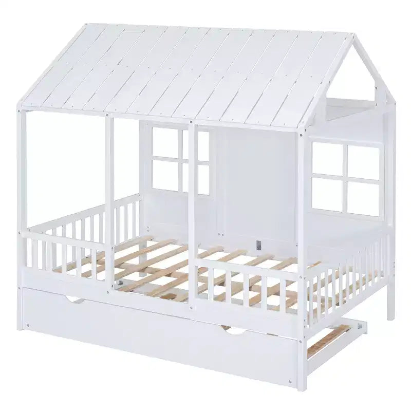 Lit cabane en bois pleine grandeur Whisen avec lit gigogne double, lit de repos en bois