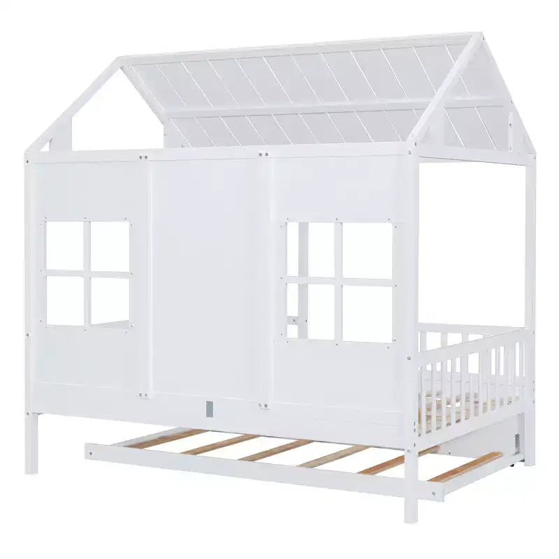 Lit cabane en bois pleine grandeur Whisen avec lit gigogne double, lit de repos en bois