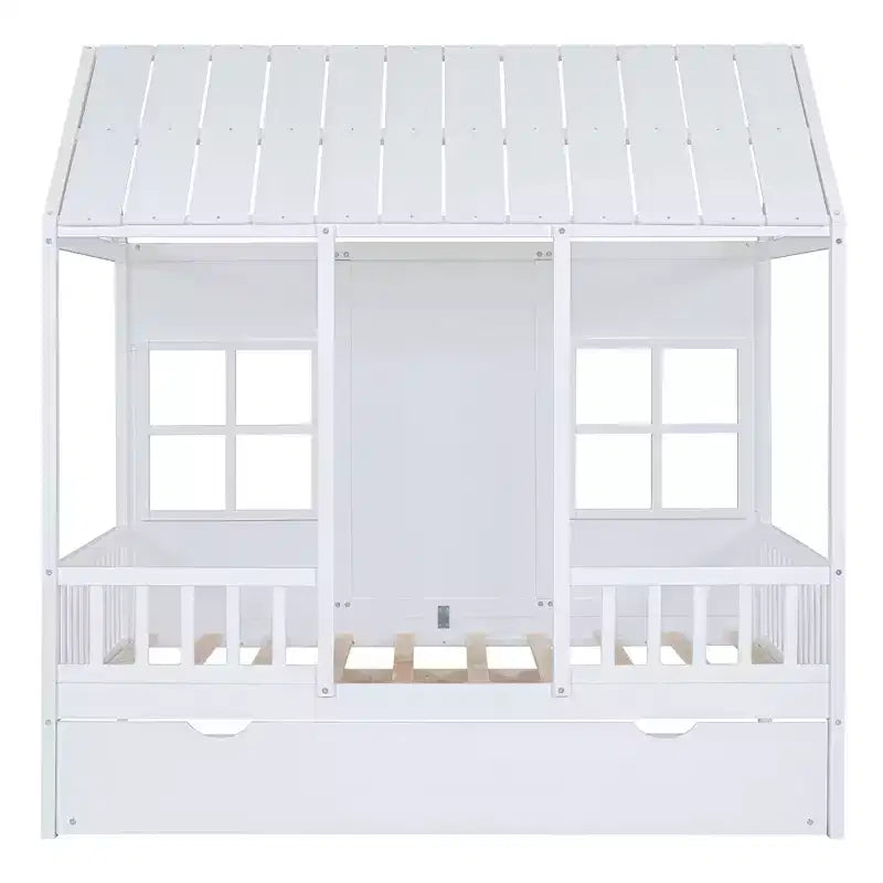 Lit cabane en bois pleine grandeur Whisen avec lit gigogne double, lit de repos en bois