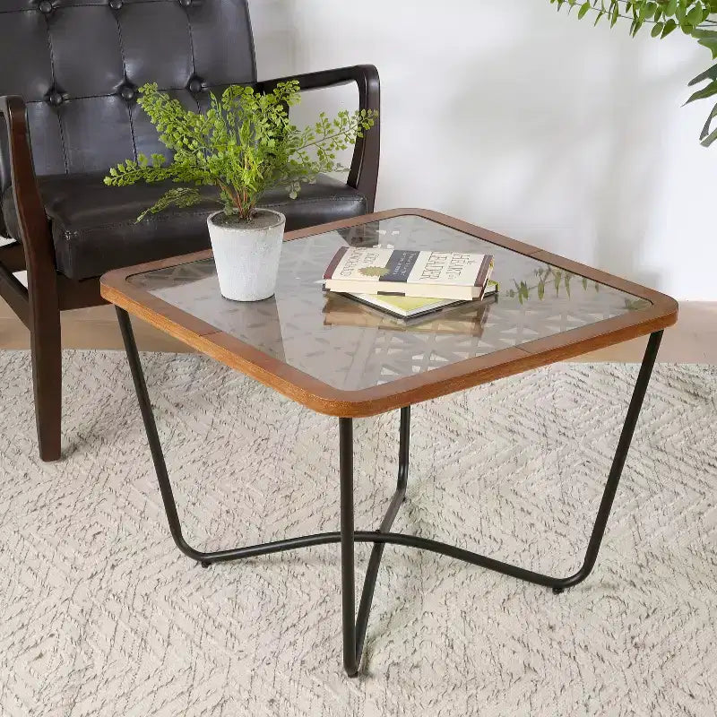 Table basse carrée Christopher Knight Home Tierney industrielle en verre trempé et métal avec motif géométrique